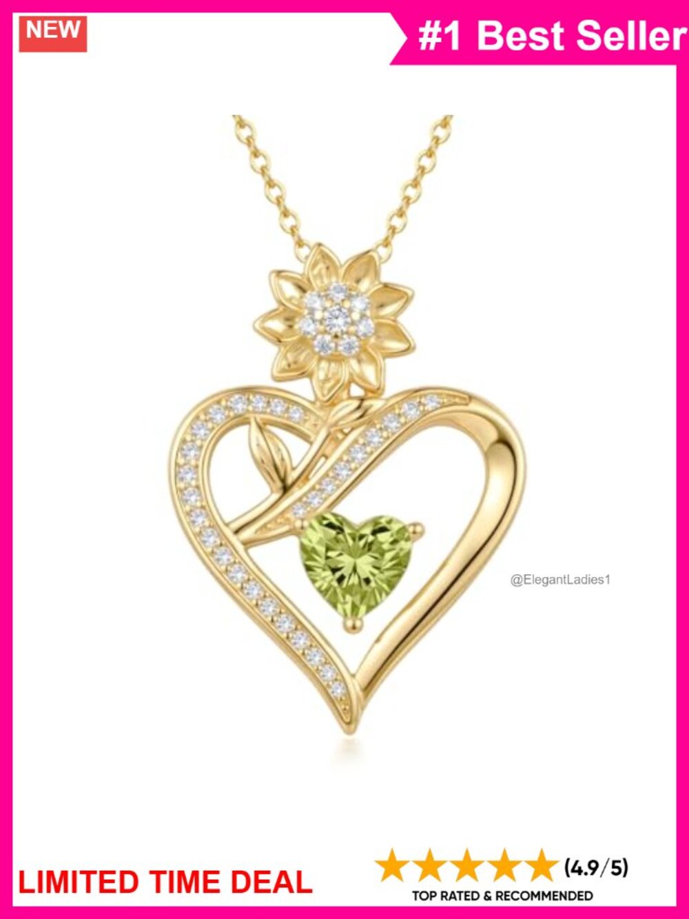 14K Gold Plated Sunflower Heart Birthstone Pendant Necklace 18in